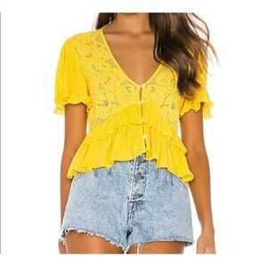 Cleobella Top Size S Yellow Lace & Ruffle Button-Down Short Sleeve Womens
